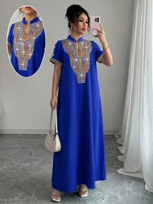 Rafferiza Contrast Color Embroidered Mandarin Collar Rhinestone Embellished Loose Long Dress For Women - Royal Blue - View 6