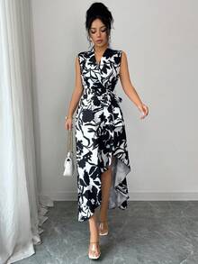 SHEIN Elenzya Elegant Commuter Floral Print Asymmetric Hem Dress, Summer - Black and White - View 5
