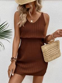 EMERY ROSE Fashionable Versatile Hollow Crochet V-Neck Women Sweater Dress - Brown - View 4