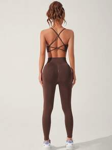 Slayform Set sport pentru femei, culoare solidă, cu bretele spaghete, încrucișate, spate, camisol simplu și pantaloni, set de sală pentru Anul Nou Chinezesc - Maro ciocolata - Vizualizare 4