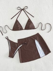 Swim Vcay New Women's Small Polka Dot Adjustable Halter Bikini Top, Triangle Bottoms And Skirt 3-Piece Swimsuit Set, Vacation Style, Women Vacation Outfit Sets, Women 3 Piece Sets Bathing Suit,Brown Polka Dot Print Bikini Swimsuit Set With Beach Skirt - Brown - View 10