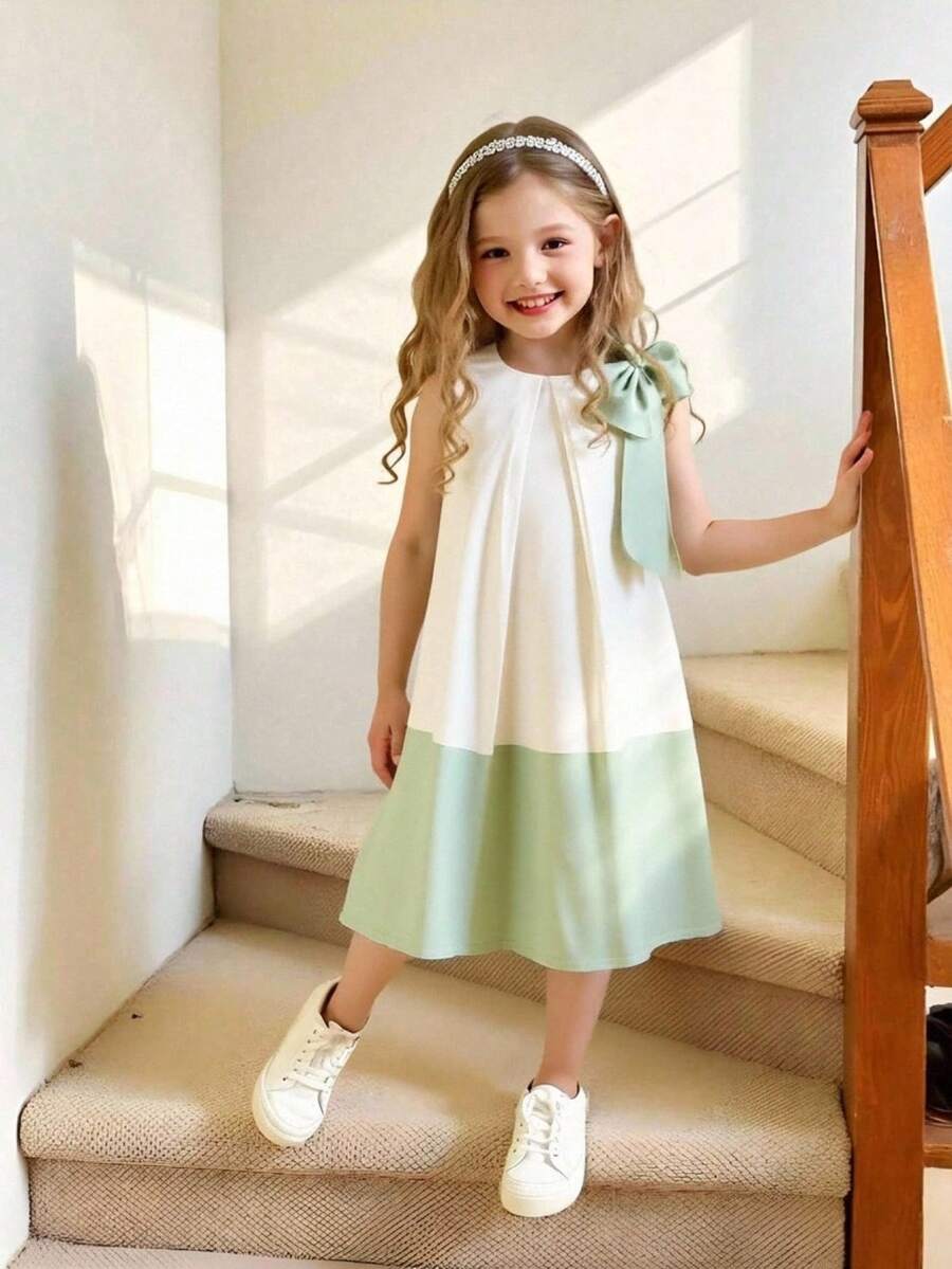 Glamorique Kids 女童春夏新款纯色缎面3D蝴蝶结设计派对连衣裙 - 綠色 - 查看 1