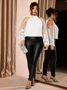 Cravure Plus Size Women Water-Soluble Lace Solid White Long Sleeve Stand Collar Blouse, Elegant - White - View 4