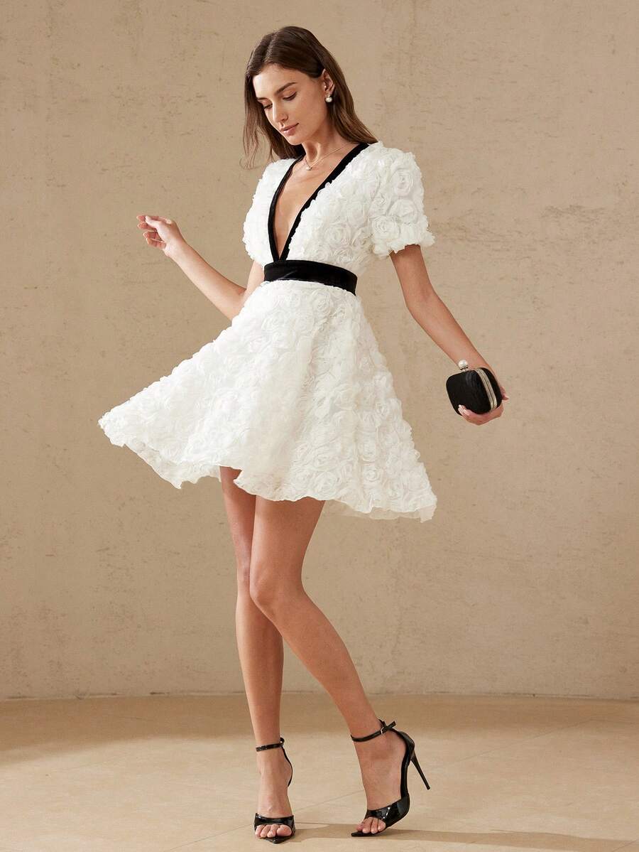 Aveloria Rosie 法式优雅女士约会/情人节精致3D立体花卉装饰V领撞色腰部喇叭短袖连衣裙 - 彩色 - 查看 1