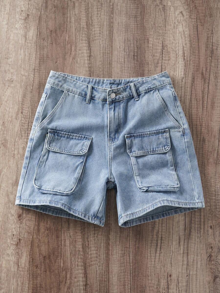 Manfinity Joysei Shorts Denim Masculina com Design de Bolso Frontal, Modelo Largo Liso Azul Claro, Moda Rapper para Uso Diário - Azul - Visão 1