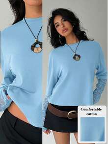 Aloruh Kaos Wanita Kasual Polos Kerah Bulat Pas Badan dengan Hiasan Renda Manis - Baby Blue - View 9
