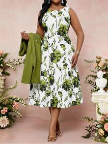 SHEIN Lady Plus Size Women's Floral Print Dress And Solid Color Long Sleeve Cardigan Casual Outfit, 2pcs Set Elegant Floral Dress Women Garden Party Dress Spring Dresses For Women Summer Church Dresses For Women Derby Dresses For Women - Multicolor - View 4