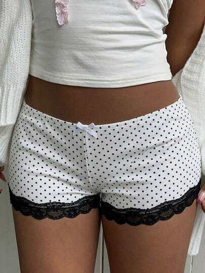 CovetEZ Pantalones cortos casuales y minimalistas con cintura elástica, estampado de lunares en blanco y negro, y lazo. Adecuados para el hogar, la playa, picnics en el campo, fiestas, uso casual dulce y vacaciones en la playa.