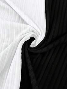 GlowEve CURVE Camiseta elegante de manga corta con escote irregular, hombros descubiertos y contraste de color, de moda y elegante para tallas grandes - Blanco y Negro - Ver 6