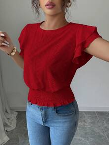 Selianne Áo thun nữ cổ tròn, kiểu dáng thường ngày, đa năng. - Đỏ - Xem 4