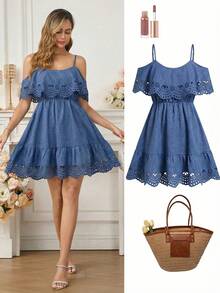 Vestido elegante de moda nuevo para mujeres con escote en el hombro, borde alto y cintura favorecedora, mini vestido ideal para vacaciones, salidas casuales, fiestas, meriendas y talla grande ocasiones de verano - Celeste - Ver 6