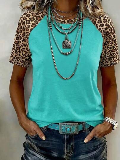 EMERY ROSE Casual Leopard Print Patchwork Short Sleeve T-Shirt, Summer