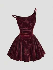 Sweetra Đầm mini dáng chữ A xếp ly, eo xoắn, chất liệu nhung dập nổi, cỡ lớn. - Màu Đỏ Sâu - Xem 2