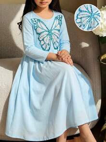 Sky Blue,Autumn,Elegant,Traditional,Wedding Girls Blue Butterfly Dress,Arabic Kids Sequin Long Sleeve Moroccan Caftan,Prayer Abaya Kids Summer Outfit - Blue - View 10