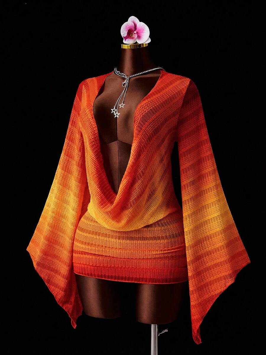 Zestiva 女士罩衫一件，渐变紫红色薄纱面料，深V领垂褶修身连体衣，长袖宽松版型，夏季海滩性感休闲度假风 - 彩色 - 查看 1