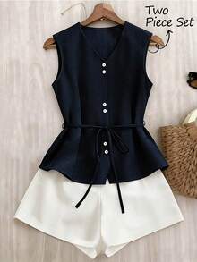 Franclia Set de 2 piezas Traje informal de oficina sin mangas para mujer, conjunto de ropa de trabajo de verano - Multicolor - Ver 4