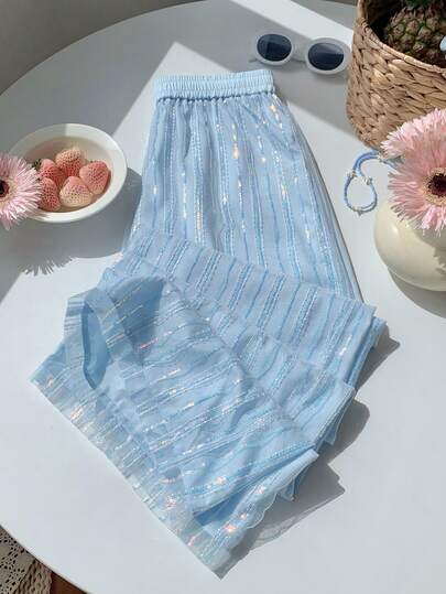 Comfortcana Pantalones anchos y sueltos con diseño de lentejuelas y cintura elástica para mujer