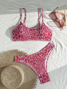 Swim Vcay Bestselling Tropical Floral Print Crinkle Halter Neck Tankini Bikini Set Set, Beach Holiday Swimwear For Swimming, Beach Party - Multicolor - View 1