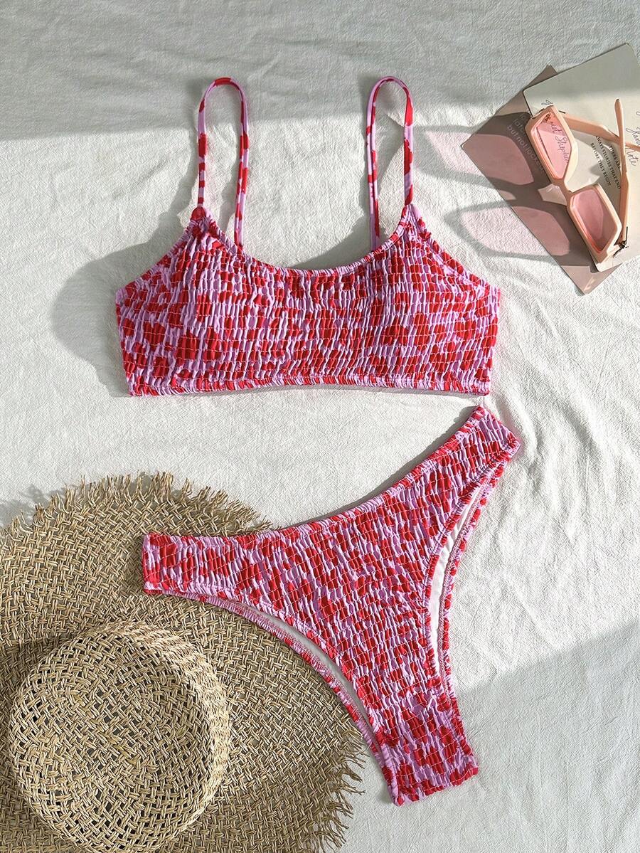 Swim Vcay Bestselling Tropical Floral Print Crinkle Halter Neck Tankini Bikini Set Set, Beach Holiday Swimwear For Swimming, Beach Party - Multicolor - View 1