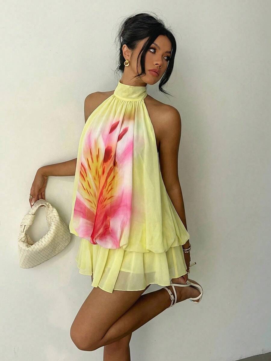 Aloruh 女士优雅浅黄色吊带系带迷你连衣裙 - 彩色 - 查看 1