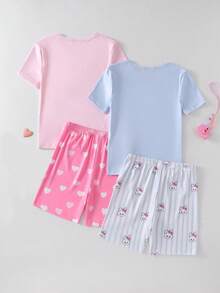 SHEIN GraphicGems Bộ 4 món đồ ngủ cho bé gái chủ đề hoạt hình dễ thương, váy kẻ sọc trái tim màu hồng và xanh dương, họa tiết thỏ và nơ, tay ngắn và quần short ôm sát. - Màu xanh nhạt - Xem 2