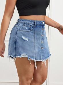 SHEIN Tall CURVE Women's Plus Size Y2K High Waist Denim Skort,Dark Blue,Summer,Casual,Rave Ripped Frayed Hem Button Detail Acid Wash Skirt Pants For Streetwear & Club - Medium Wash - View 9