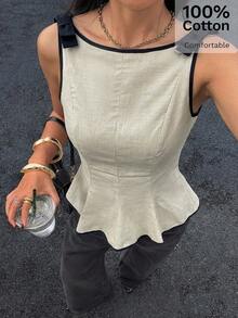 Siren Gaze Áo tank top nữ màu be thanh lịch, thoải mái, không tay, có nơ ở vai, viền tương phản, ôm eo, xếp ly ở gấu áo, thích hợp cho kỳ nghỉ hè, đi biển, công sở, đi làm, mặc thường ngày. Áo peplum nữ, áo peplum công sở, áo nữ thanh lịch, áo nữ sang trọng, trang phục trang trọng cho nữ, áo kiểu nữ thanh lịch, áo kiểu công sở, trang phục thường ngày cho nữ, áo nữ mùa hè, áo peplum nữ, áo thanh lịch cho nữ, áo nữ thông minh. - Màu be - Xem 4