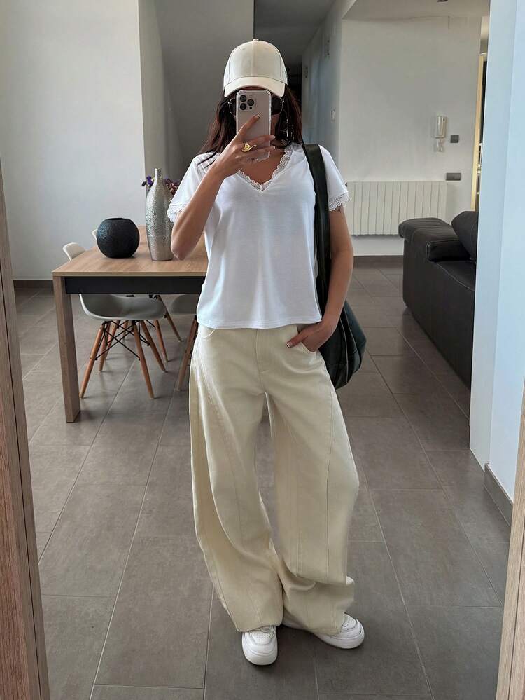 Embroidered Letter Decor Split Line Women's Jeans Y2k