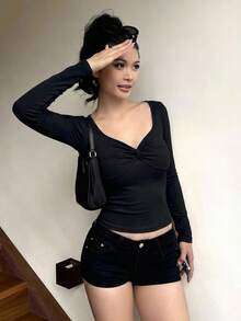 DAZY Women's Square Neck Twist Front Short Sleeve Fitted T-Shirt - Black - View 3