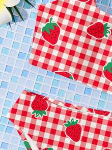 可爱草莓图案，复古红白格子，海滩度假风，少女休闲简约吊带背心和三角比基尼泳衣套装，适合夏季休闲度假，#椰子女孩 - 紅白色 - 查看 6