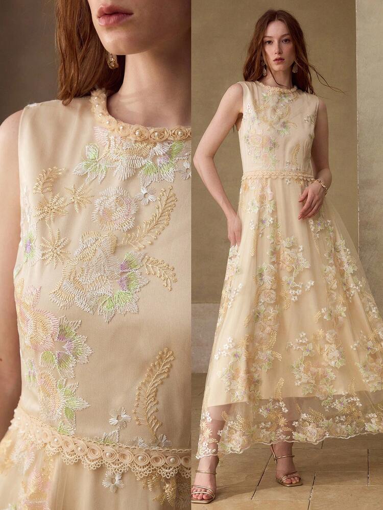 WOMEN'S ROMANTIC EMBROIDERED MESH & FAUX PEARL 3D FLORAL DECOR SLEEVELESS WAIST CINCHED DRESS