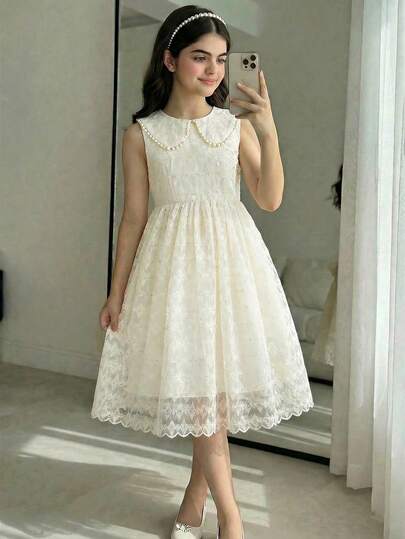 Summer Girls Lace Embroidery Pearl Collar Sleeveless Dress, Suitable For Parties, Gatherings, Birthdays, And Everyday Wear