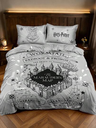 HARRY POTTER X SHEIN 3 piezas Juego de funda de edredón con estampado de mapa misterioso, usando tela suave y cómoda, funda de edredón gris, adecuado para cama individual/doble/queen/king, perfecto para la temporada de regreso a clases
