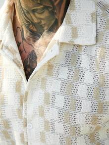 Manfinity CasualCool Men's Khaki Knit Checkered Hollow Out Short Sleeve Shirt - Khaki - View 3