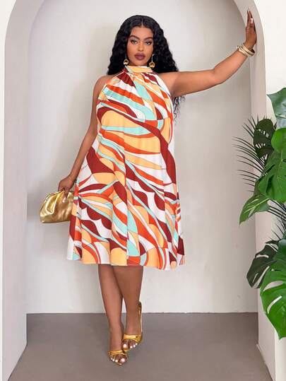 Veslaya 2026 Spring/Summer Plus Size Women's Casual Loose Sleeveless High Neck Printed Mini Dress, Suitable For Music Festivals, Easter, Birthday Parties, Graduation, School, Daily Wear, Vacation, Cruise, Beach, Sunbathing, Wedding Guest, Commute, Brunch, Airport, Parties, Elegant Events, Nightclub