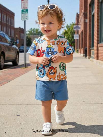 Cozy Pixies Set de 2 piezas con parte superior de manga corta de cuello redondo suave de punto con estampado de dibujos animados y pantalones de cintura elástica para bebé niño