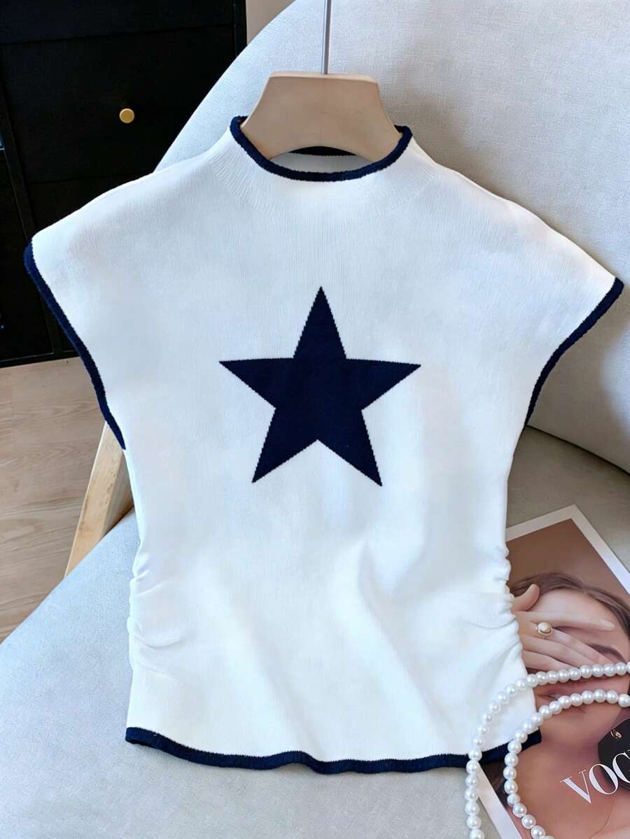 Resyla 女士休闲撞色滚边星形图案侧边褶皱针织上衣，夏季 - 彩色 - 查看 1