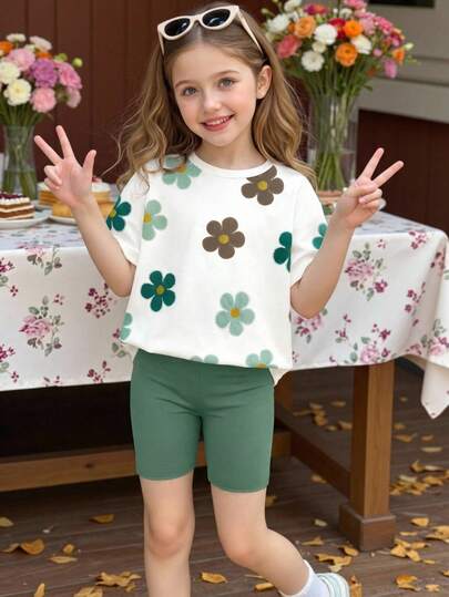 1 Set Conjunto de camiseta con estampado floral y pantalones cortos para niñas preadolescentes, atuendo fresco y lindo con camiseta con contraste de flores y pantalones cortos ajustados, ropa de verano dulce