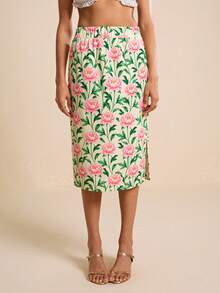 LOTSLUV 女士春夏粉色碎花印花半身裙，侧开衩 - 綠色 - 查看 1