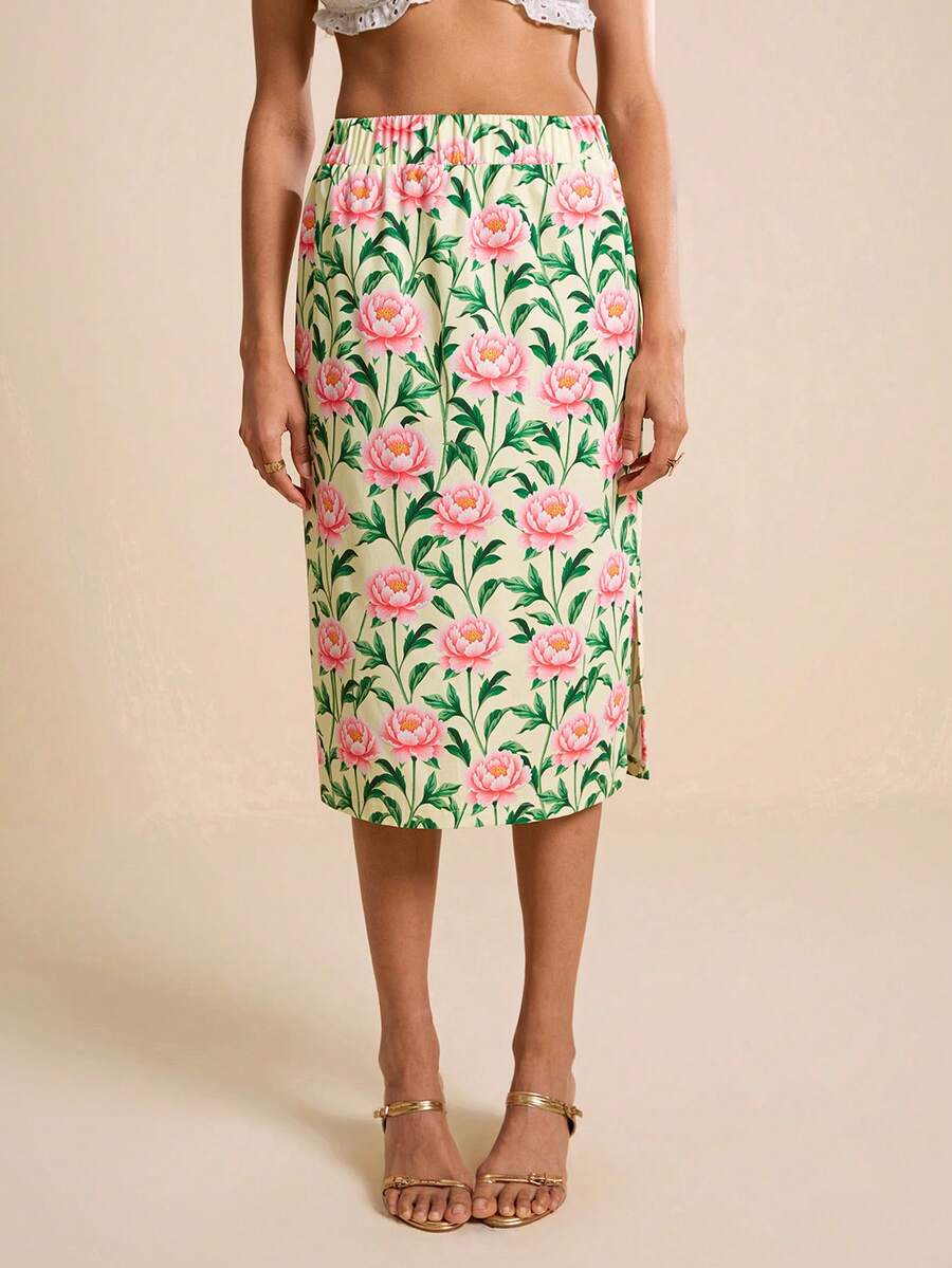 LOTSLUV 女士春夏粉色碎花印花半身裙，侧开衩 - 綠色 - 查看 1