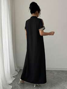 Rafferiza Contrast Color Embroidered Mandarin Collar Rhinestone Embellished Loose Long Dress For Women - Black - View 2