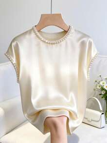 GlowEve 女士时尚优雅通勤风纯色串珠工艺圆领落肩宽松套头T恤 - 杏色 - 查看 6