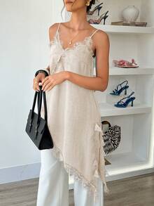 Louniche Women's Elegant Lace Asymmetric Hem V-Neck Sleeveless Camisole, Casual Vacation Daily Wear - Apricot - View 5