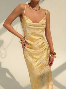 RiviMae Vestido con cuello abotonado y volantes, con correa de cintura de lámina de oro, adecuado para fiestas, citas, salidas, primavera/verano - Dorado - Ver 5