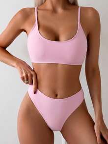 Swim Basics Bộ bikini gợi cảm màu trơn dành cho nữ, thích hợp mặc đi biển mùa hè. - Hồng - Xem 4