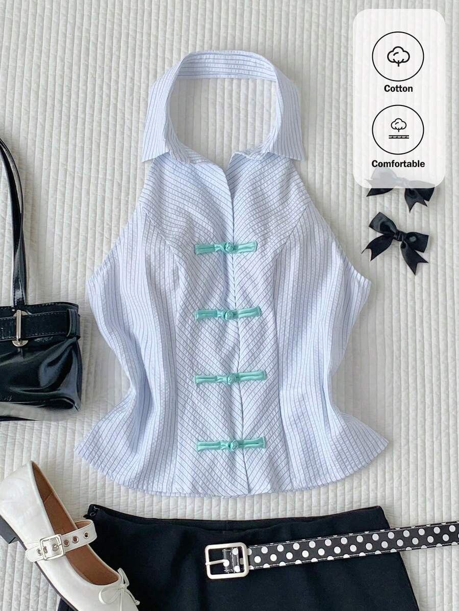 Comfortcana 2026 New Arrival Spring/Summer Women's Summer Casual Striped Button Backless Halter Shirt Vacation Outfits Women - Multicolor - View 1
