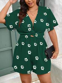 EMERY ROSE Pantalones cortos casuales y elegantes con estampado floral, cuello en V y cintura con cordón para mujer talla grande, primavera/verano - Verde Oscuro - Ver 1