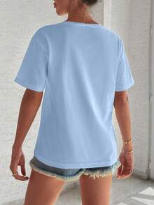 EURMUSE T-Shirt With Flower Embroidery, Round Collar, Pocket Details - Blue - View 2