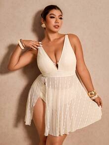 Elaquor 大码蕾丝开衩沙滩纱笼裙 - 杏色 - 查看 5