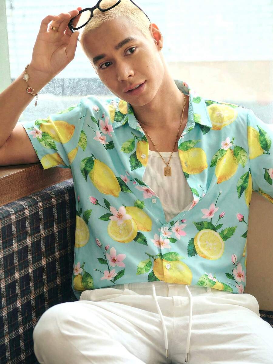SWAVVY Men's Digital Placement Print Short Sleeve Shirt, Spring/Summer - Yellow - View 1